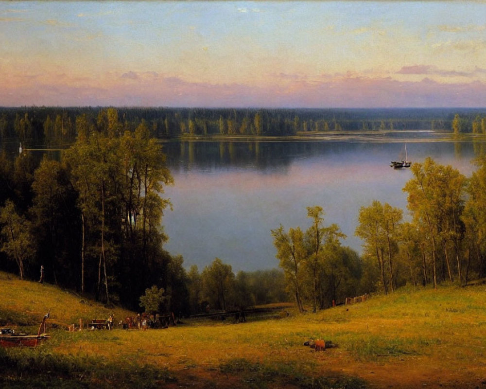 Tranquil landscape: lake, boat, forest, dusk sky, people on shore