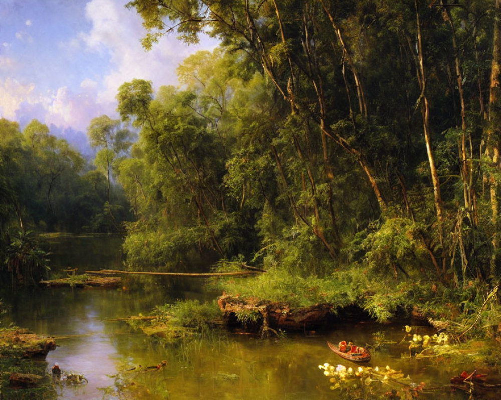 Serene river canoeing amidst lush greenery