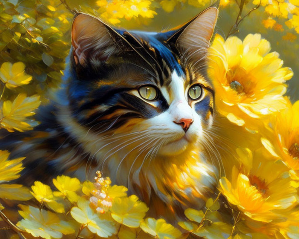 Tabby Cat Among Yellow Flowers with Striking Markings