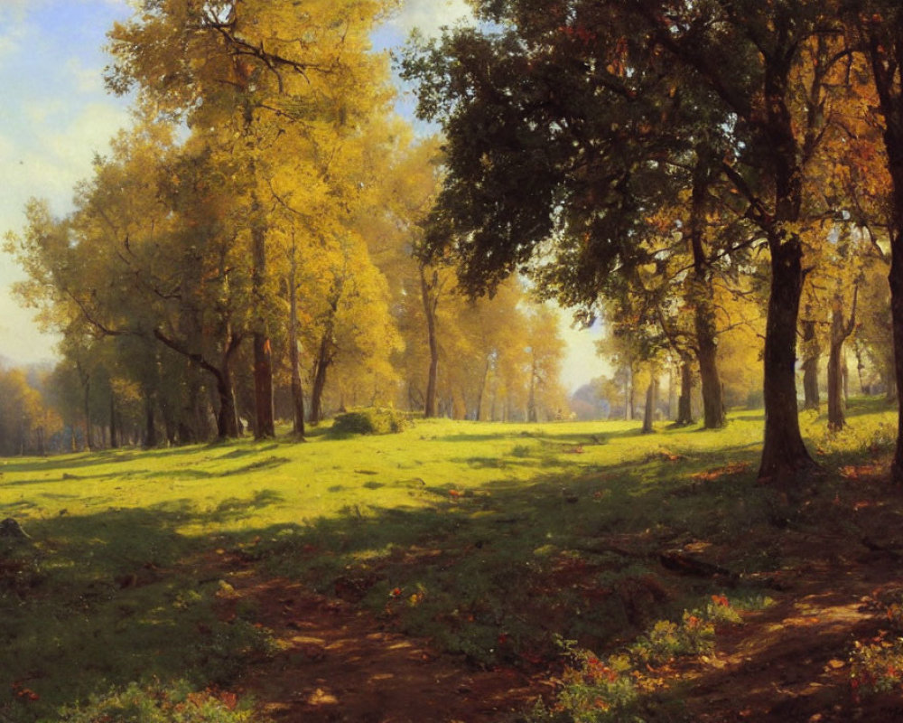 Tranquil autumn landscape with golden trees and meandering path