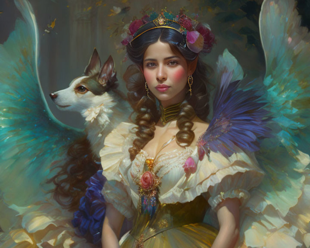 Woman in ornate dress with winged dog-like creature in floral setting