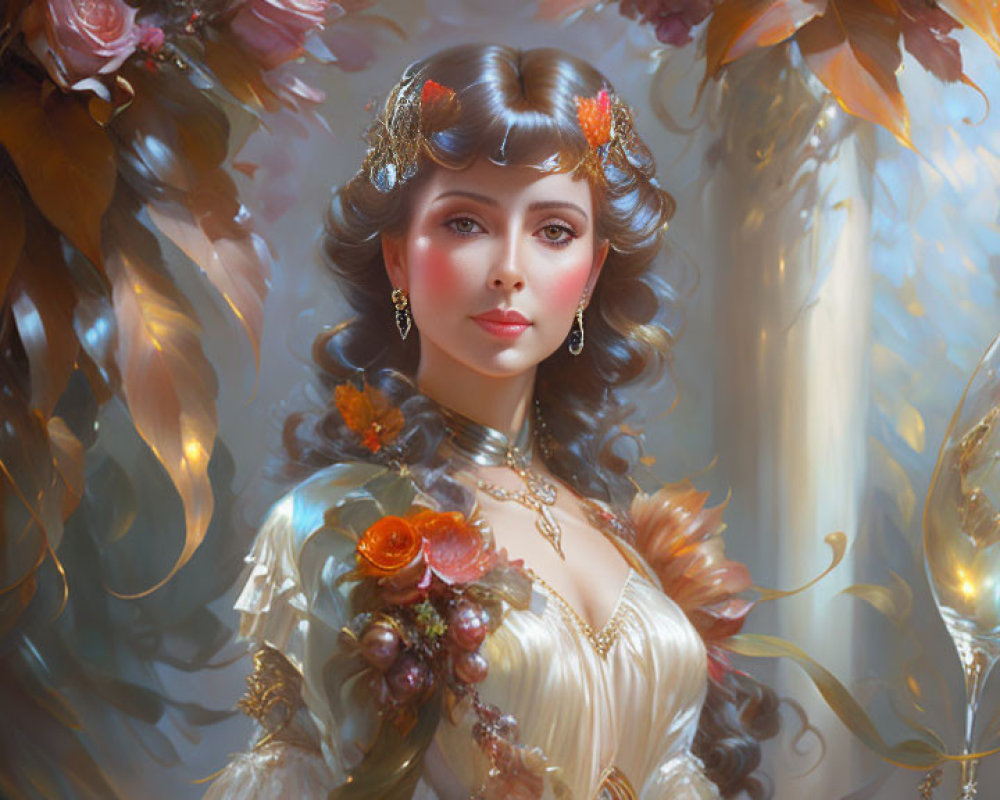 Ornately dressed woman with headpiece in cream gown among soft florals