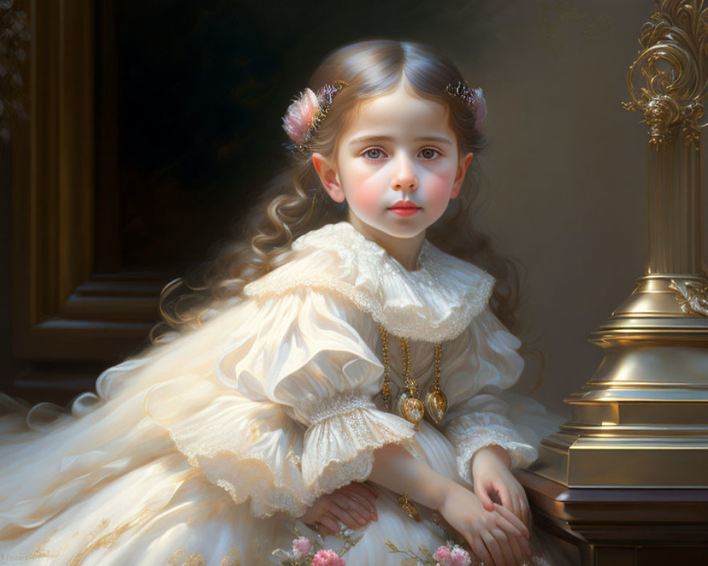Young girl in vintage cream dress with lace collar and floral hair accessory gazes reflectively.