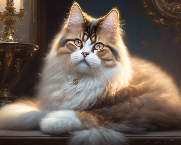 Regal fluffy cat with striking patterns in luxurious setting