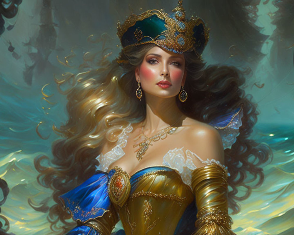 Regal beauty in golden gown and crown amid ethereal backdrop