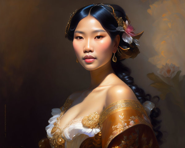 Serene woman portrait in traditional attire with gold embroidery