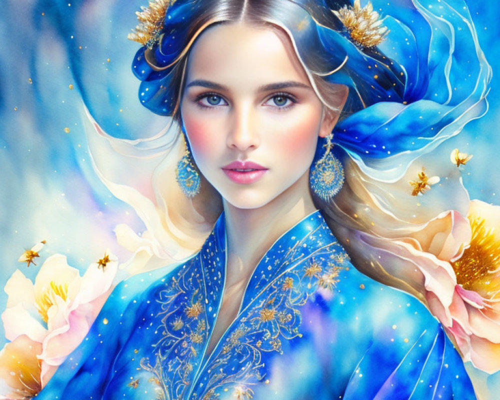 Ethereal woman in blue attire with gold accents among blossoming flowers