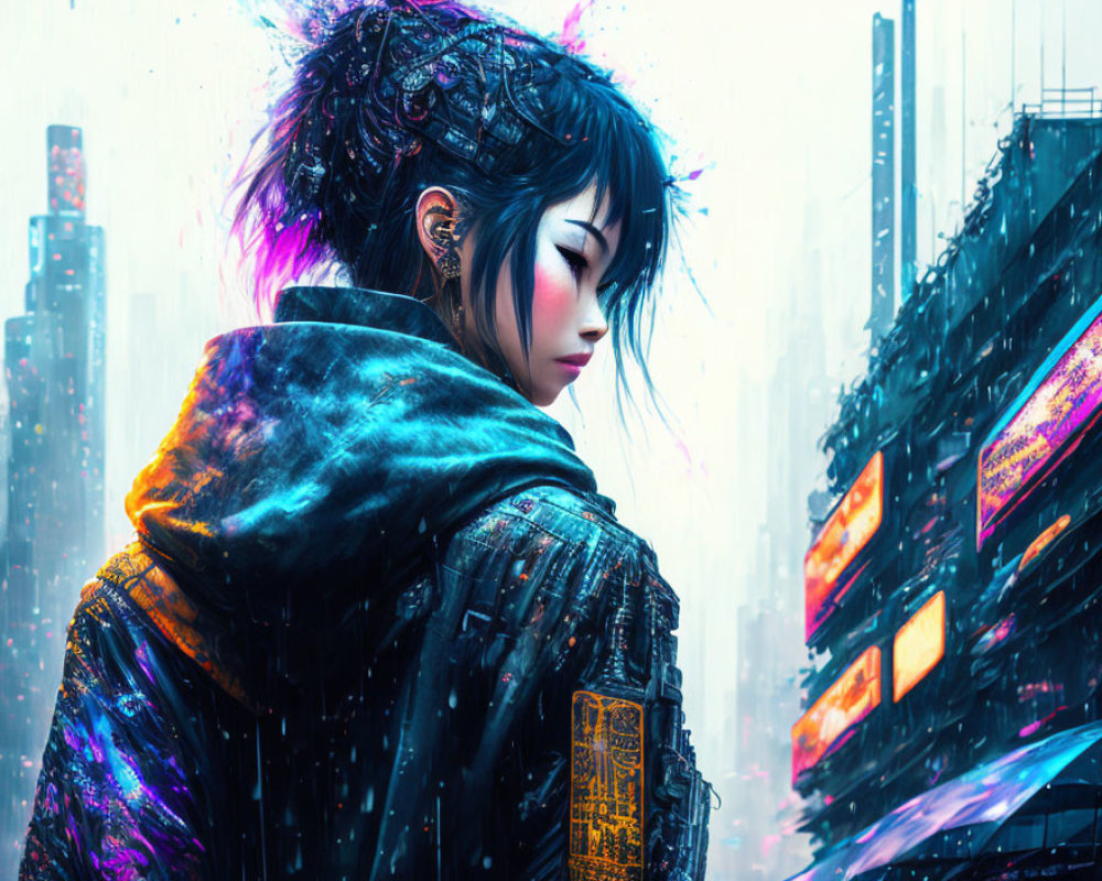 Illustrated woman with traditional hairstyle in futuristic urban setting with neon signs and rain