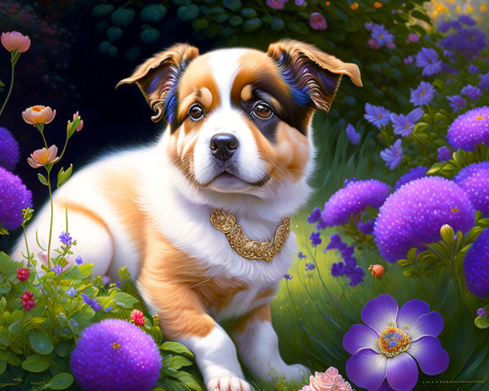 Digital painting: Puppy with golden chain necklace in purple flower garden