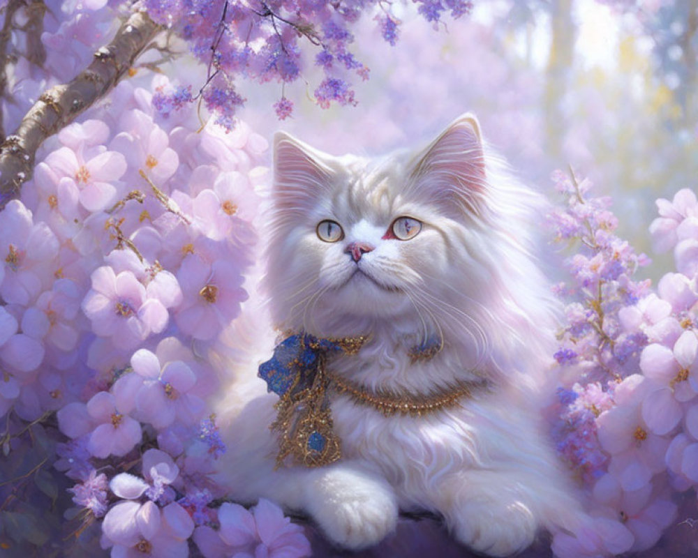Fluffy white cat with jeweled collar in purple flower garden