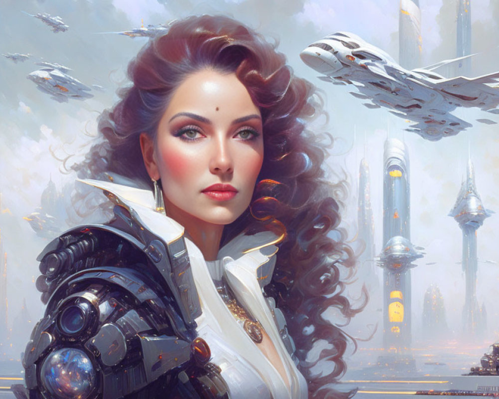 Portrait of woman in futuristic armor with voluminous hair and cityscape backdrop.