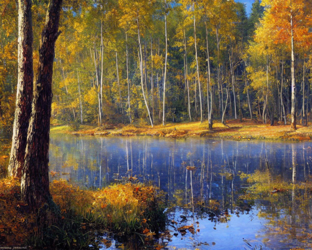 Tranquil autumn landscape with colorful trees reflected in a blue lake