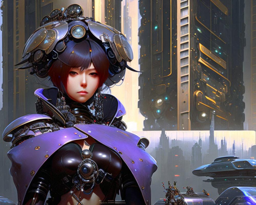Futuristic female character in advanced armor with high-tech helmet amid cityscape