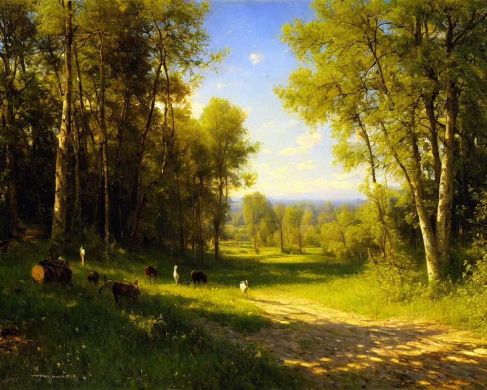 Tranquil landscape painting of sunlit forest clearing and grazing cows