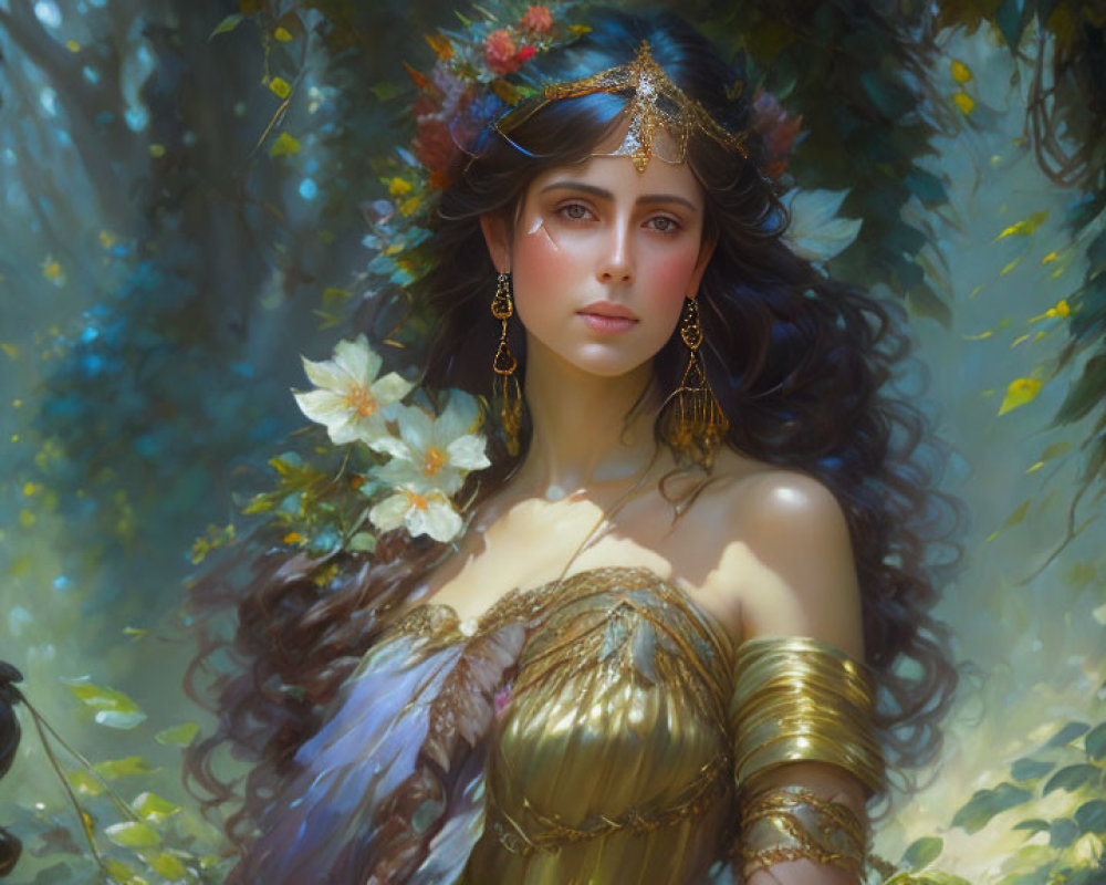 Enchanted Forest Scene with Mystical Woman and Leafy Crown