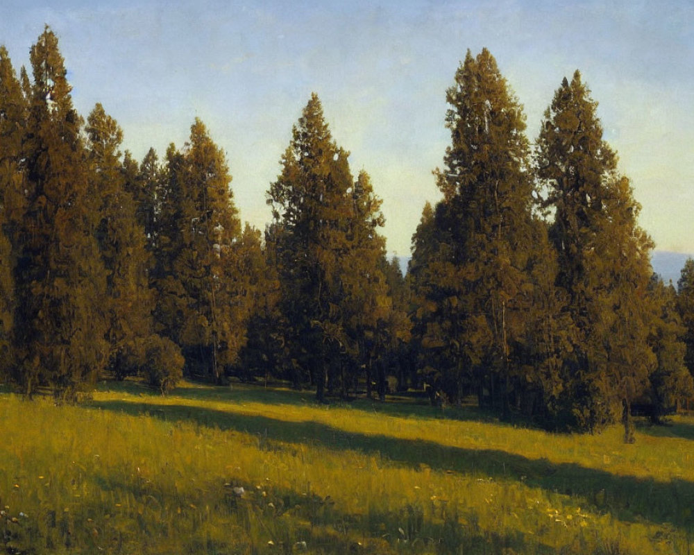 Tranquil landscape painting: lush pine trees, clear sky, golden hour, peaceful meadow