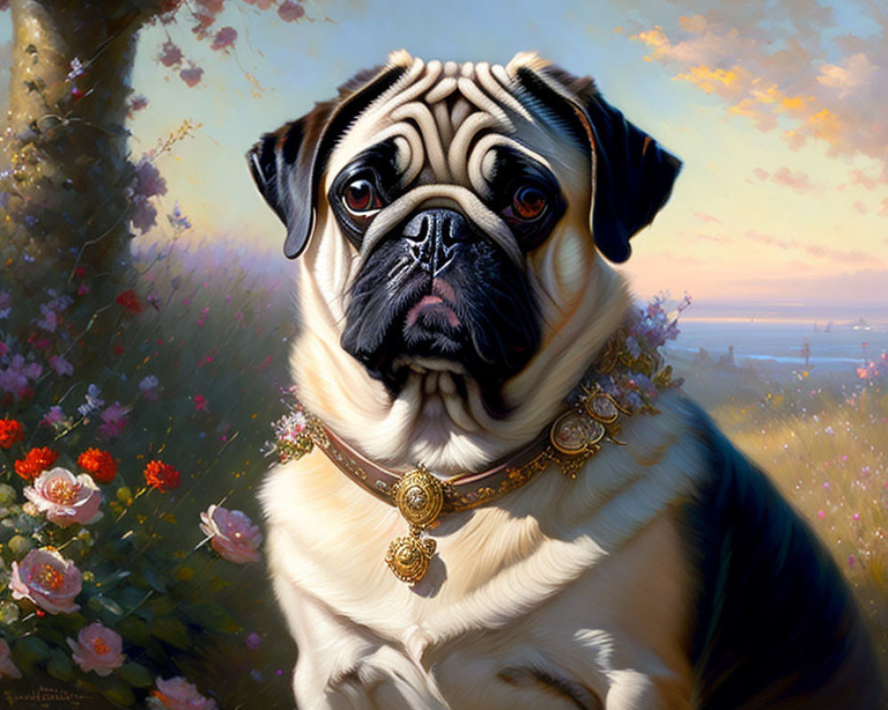 Regal pug with golden collar in vibrant floral landscape