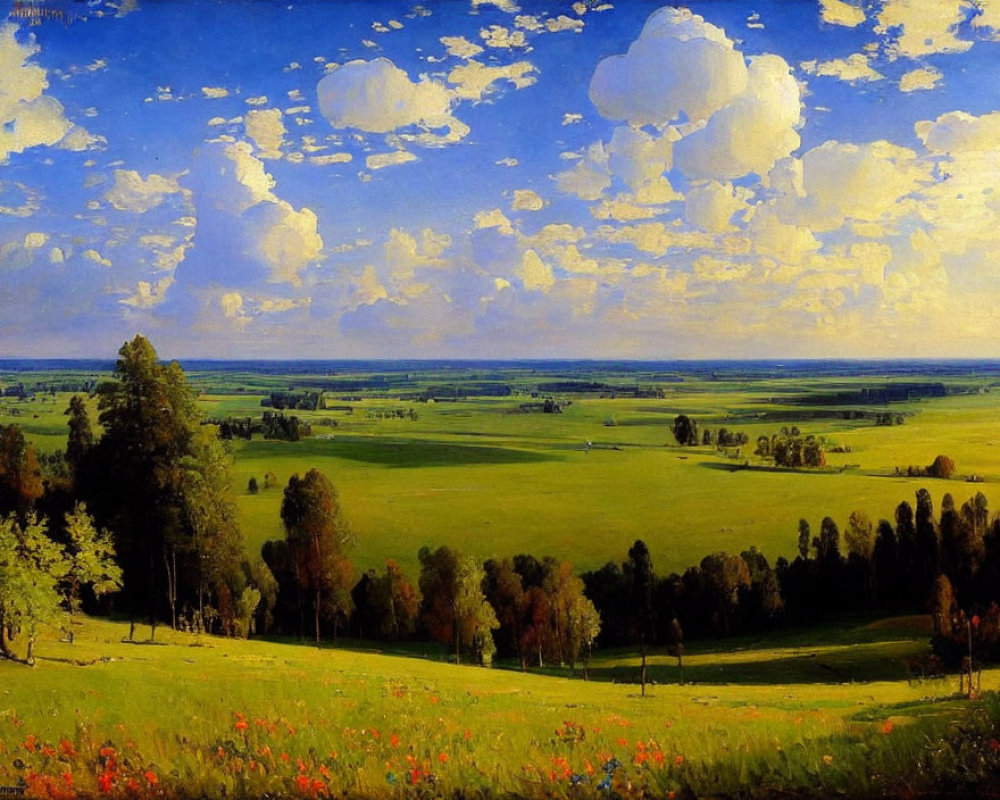 Colorful landscape painting with green field, blue sky, trees, and red flowers