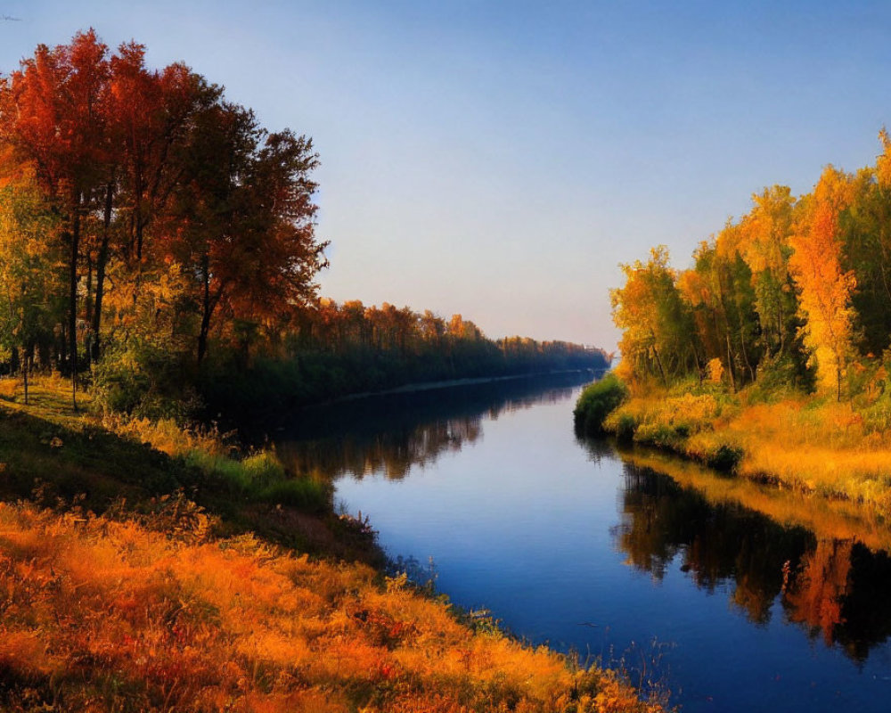 Tranquil autumn river landscape with colorful foliage and clear blue sky