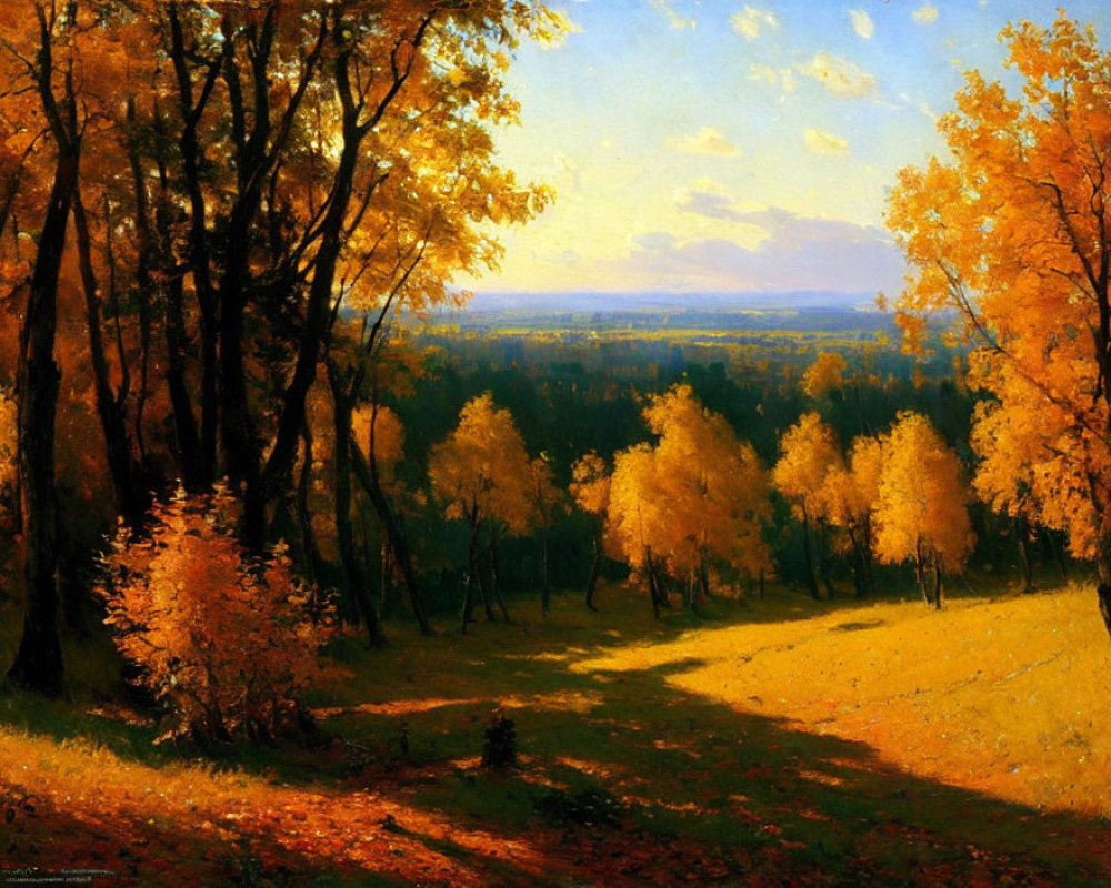 Tranquil autumn landscape with golden trees and forest path