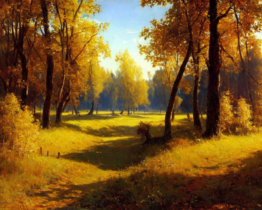 Serene autumn forest clearing with golden foliage