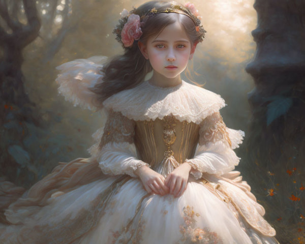 Young girl in vintage dress and floral headpiece in forest setting