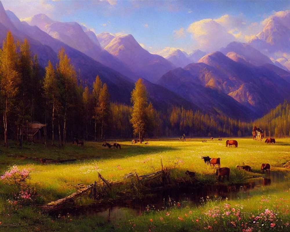 Tranquil landscape with grazing cows, cabin, and mountains