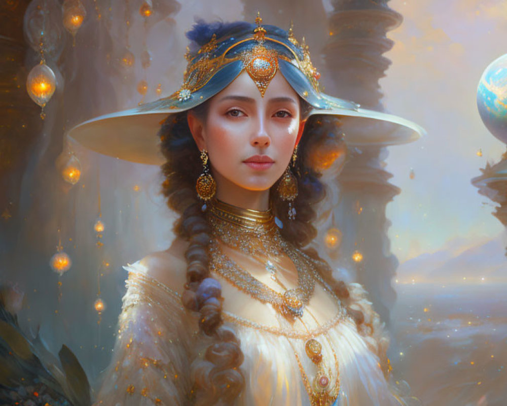Fantasy setting with elegant woman, wide-brimmed hat, golden jewelry, columns, and floating