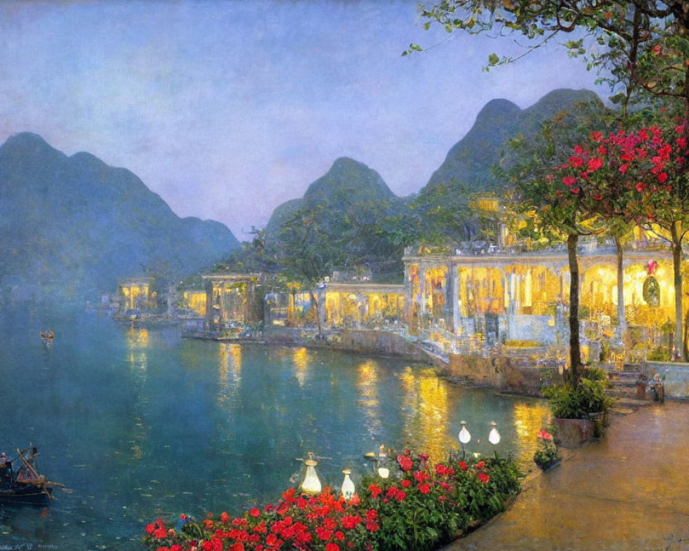 Scenic waterside town at dusk with illuminated buildings, mountains, boat, and blooming flowers