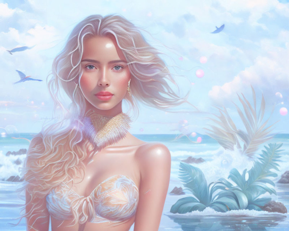 Surreal portrait of woman in shell bikini on ethereal beach
