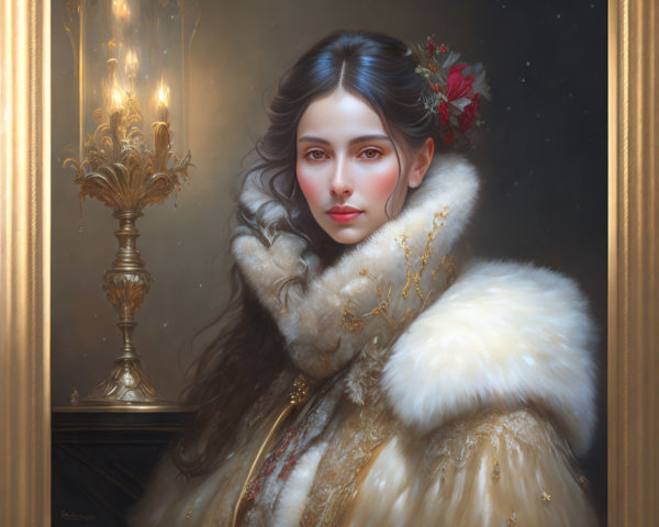 Elegant woman in fur-trimmed cloak with red flower next to golden candle sconce