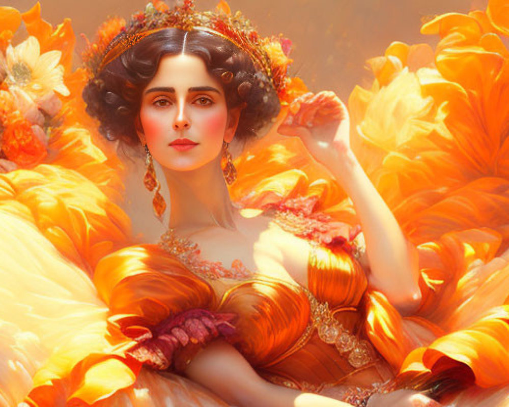 Woman in Opulent Orange Dress with Floral Adornments in Warm, Detailed Setting
