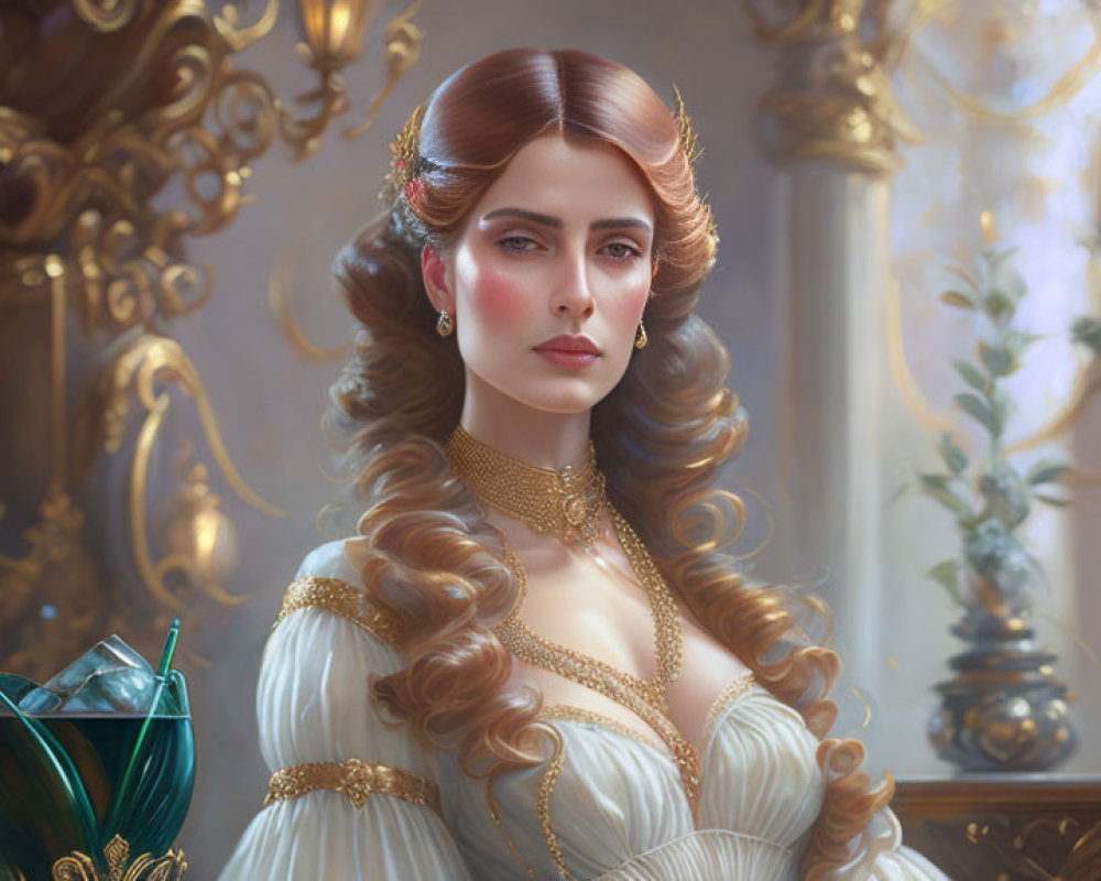 Curled hair woman in white dress with pearl accessory in luxurious room