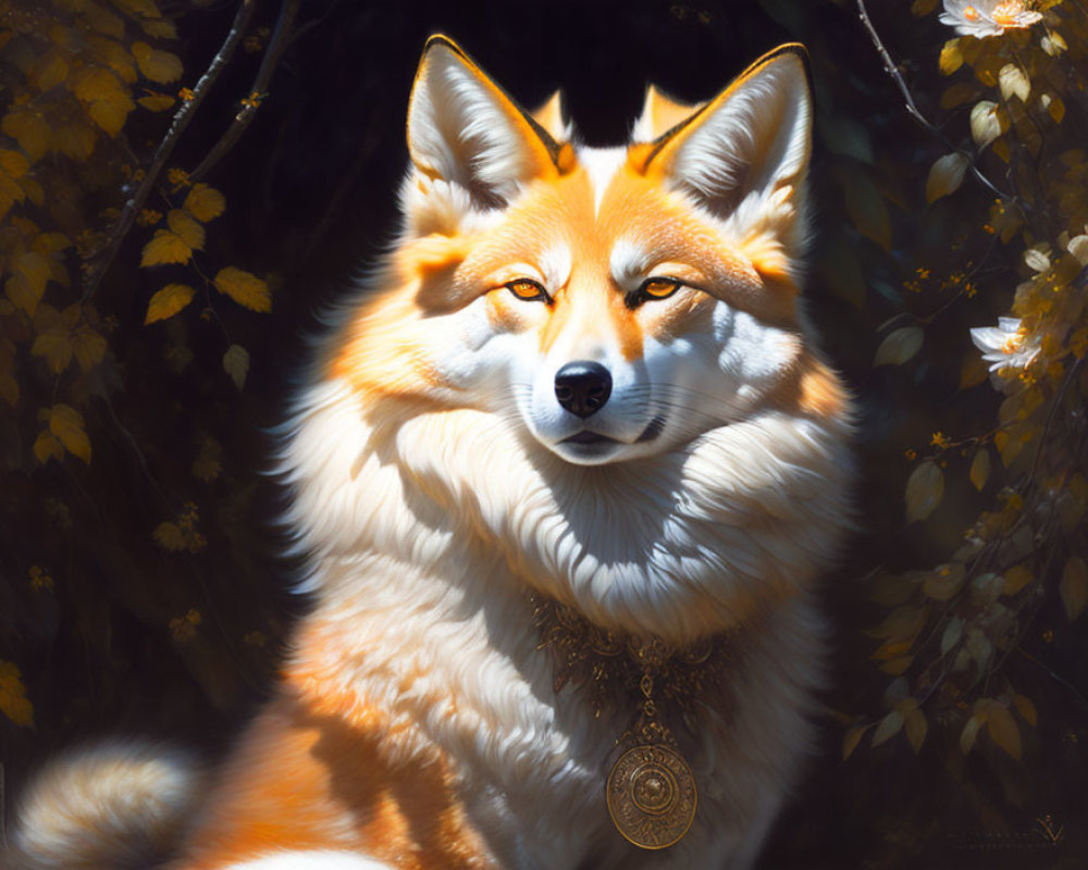 Orange Fur Fox with Pendant in Autumn Sunlight