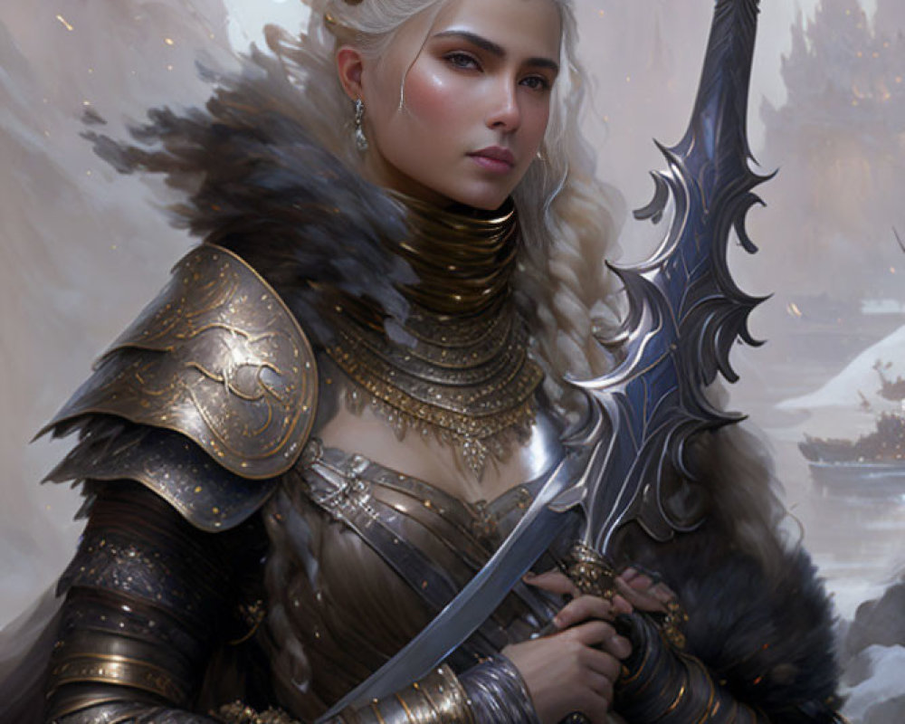 Platinum blonde warrior in ornate armor with spear in misty snow scene