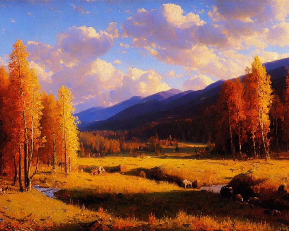 Vibrant autumn landscape with golden birch trees, stream, mountains, and grazing horses