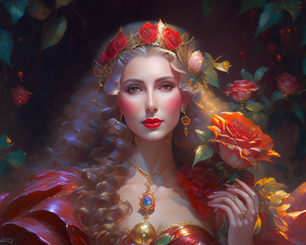 Regal woman with rose crown and elegant jewelry in dark foliage