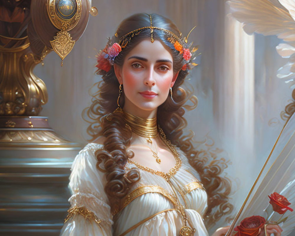 Regal woman with dark hair in gold-accented gown and jewelry holding quill and ink pen