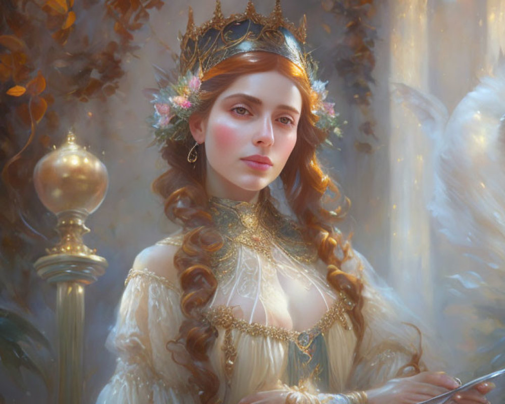 Regal woman in floral crown and gold dress in serene nature setting