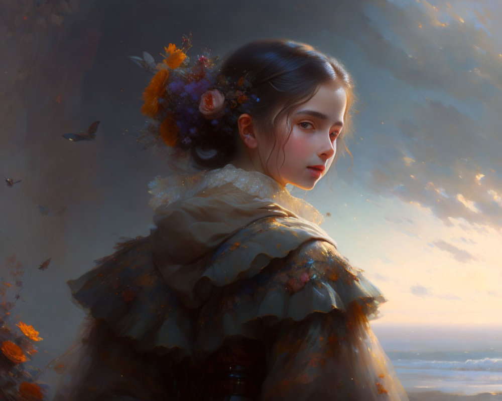Young woman with serene expression adorned with flowers against cloudy sunrise/sunset.