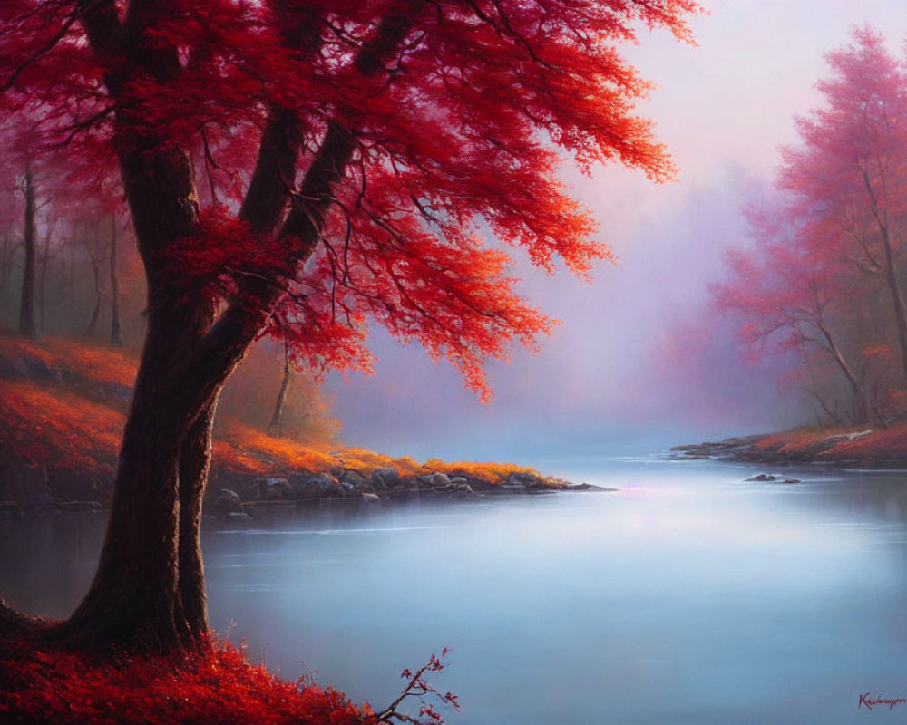 Serene red-leaved tree by blue river in misty autumn forest