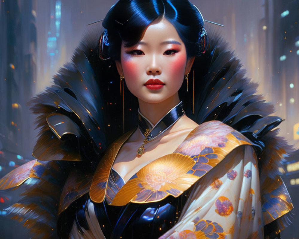 Futuristic geisha-inspired woman in neon-lit urban setting