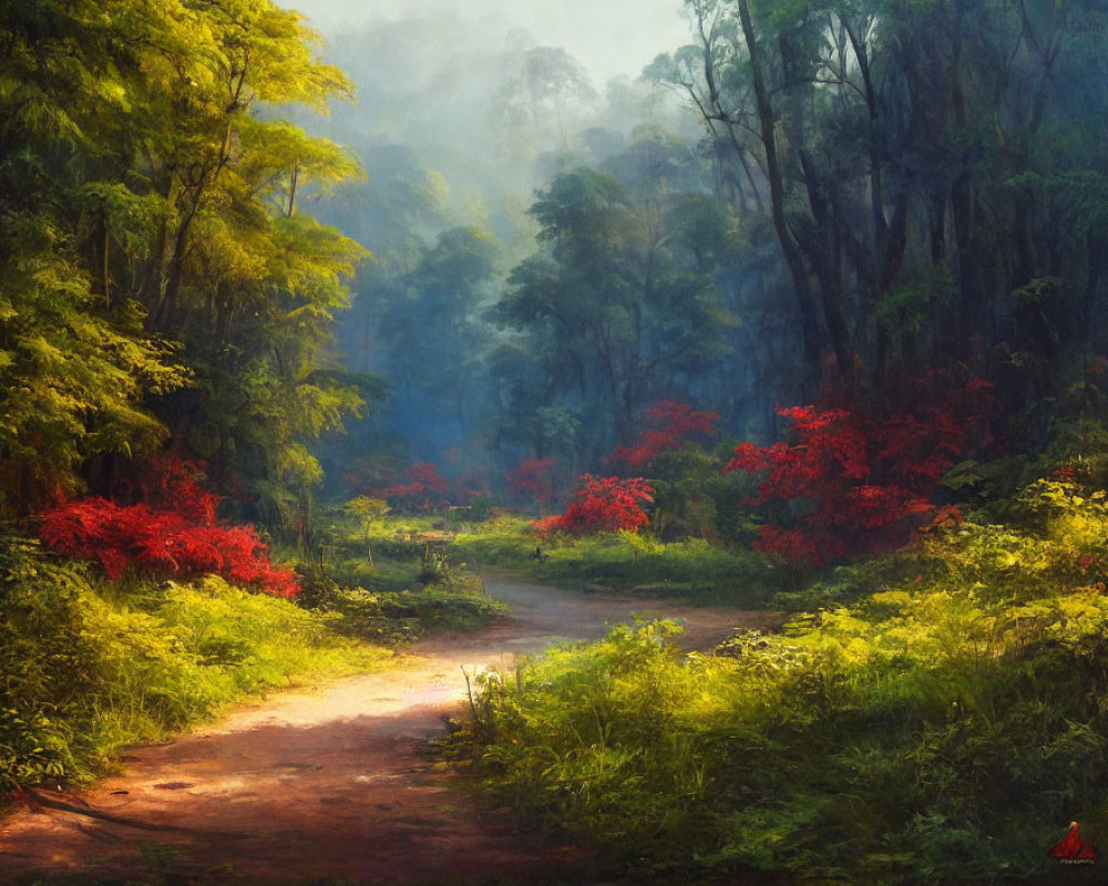 Tranquil forest path with lush greenery and red flowers