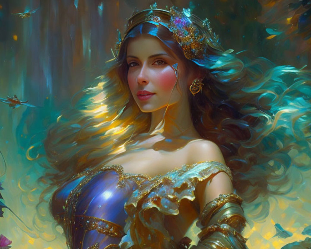 Fantasy illustration of woman in ornate armor in magical forest