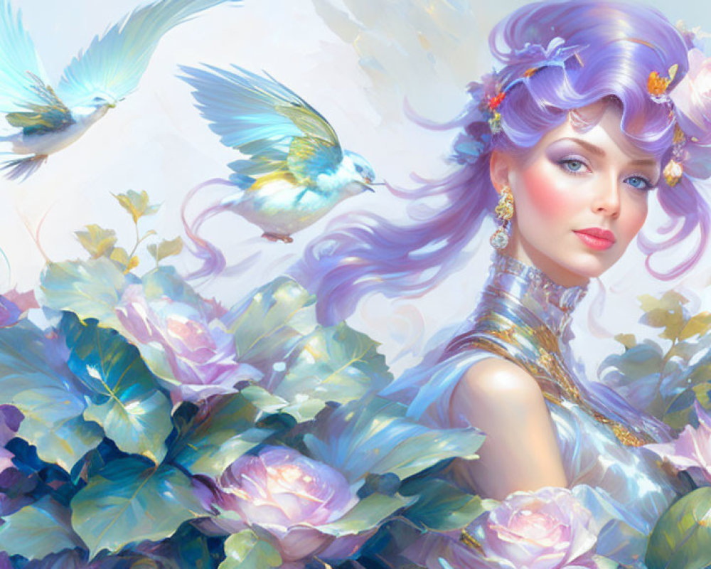 Whimsical violet-haired woman with pastel blue birds and lush purple flowers