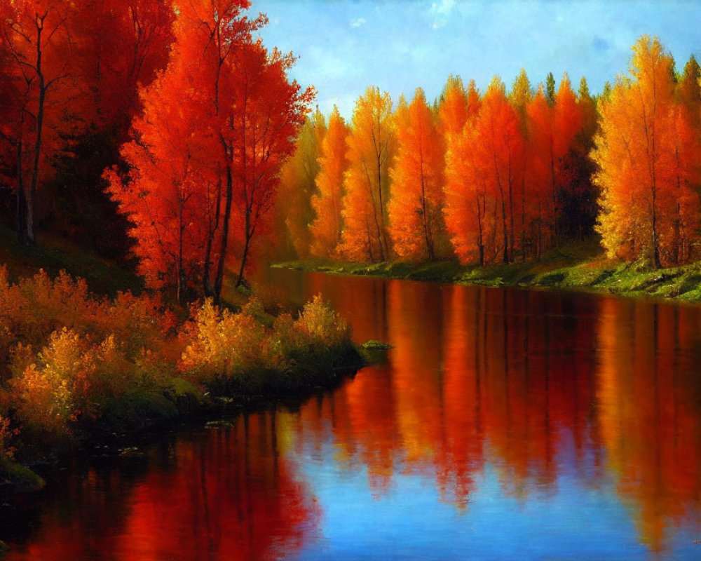 Colorful autumn forest reflected in river under clear blue sky