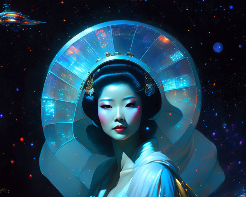 Futuristic geisha with cosmic background and hovering spaceship
