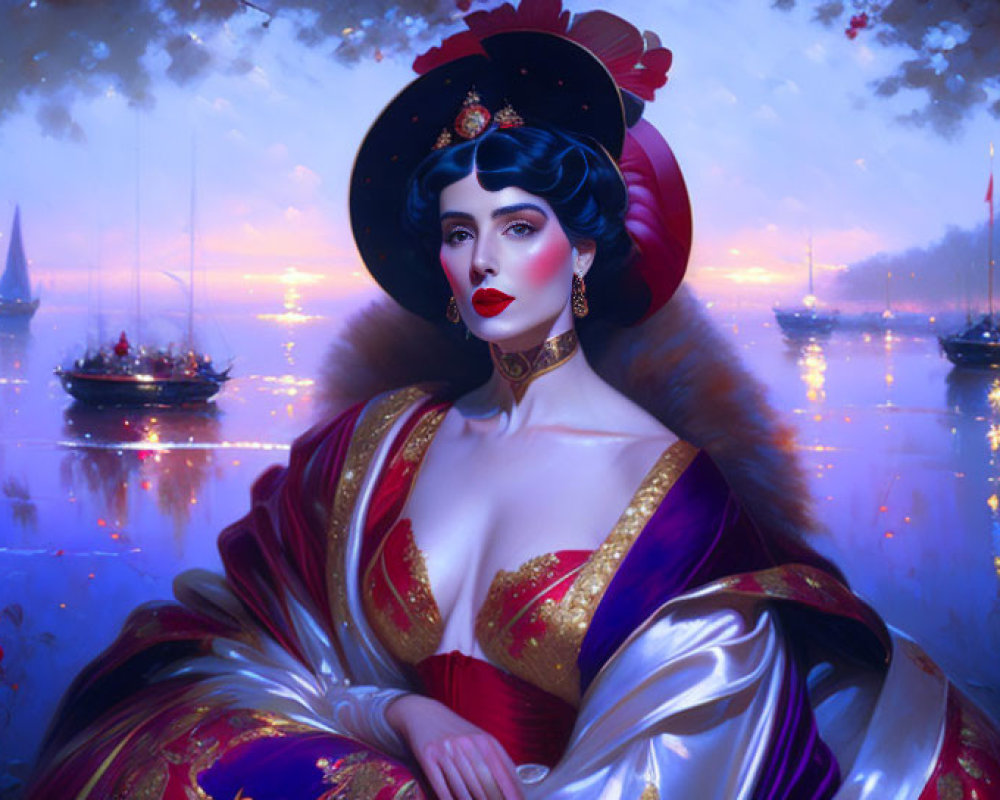 Regal woman in red and gold attire by serene blue waterfront with glowing ships and blossoming trees