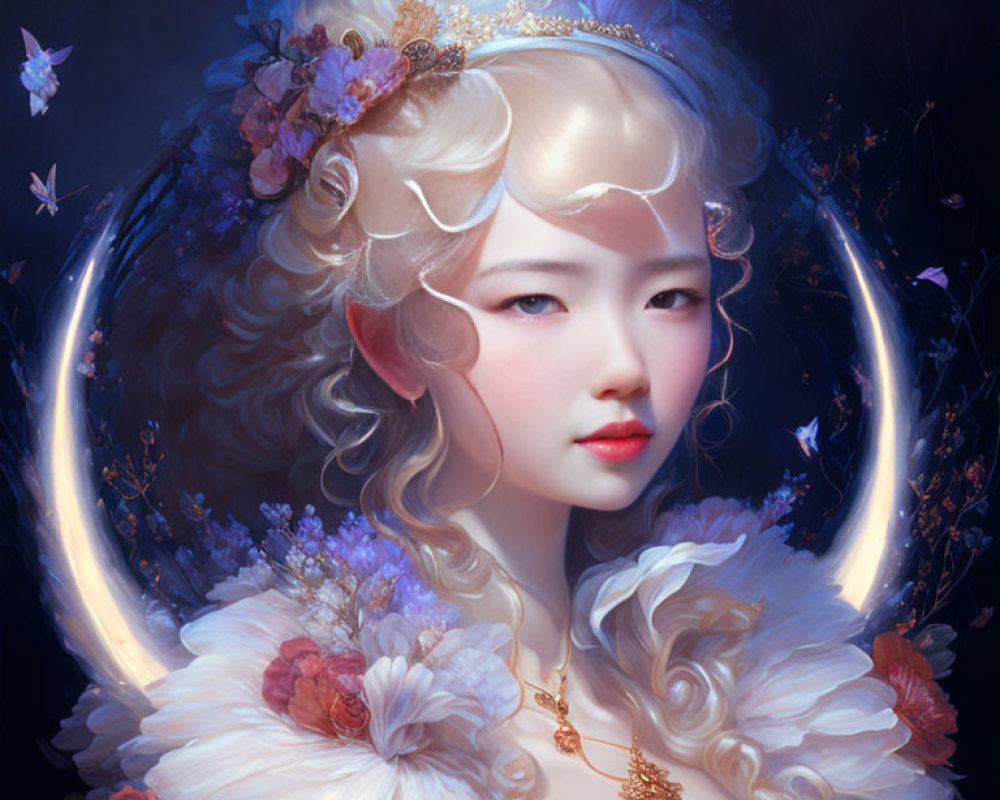 Ethereal portrait of a woman with floral crown and butterflies