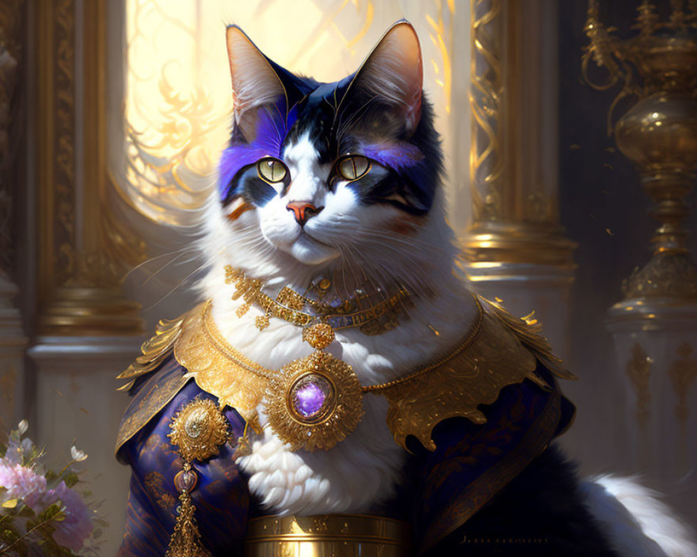 Regal cat adorned with gold jewelry on ornate background